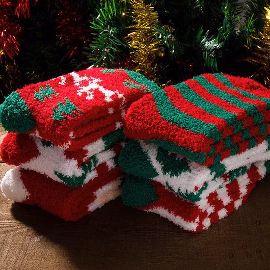 Christmas Warm Cute Deer Cartoon Pattern Coral Fleece Indoor Socks for Women